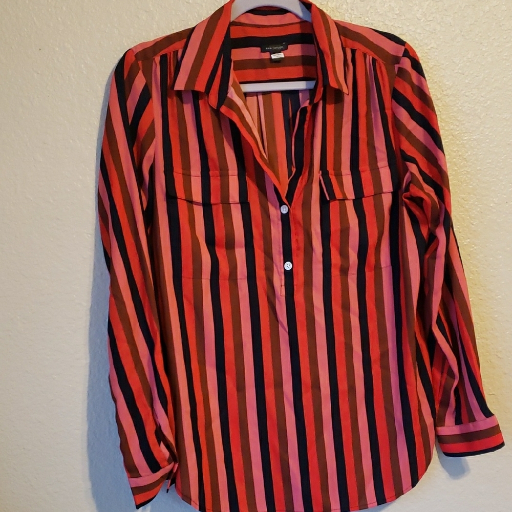 Ann Taylor Red and Black Striped Blouse - Picture 2 of 9